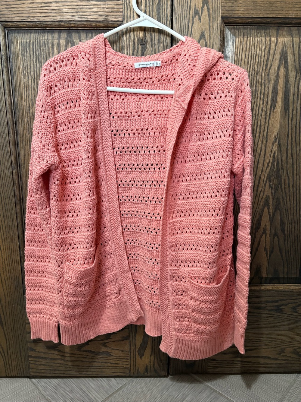 Staccato Coral Open-Weave Hooded Cardigan